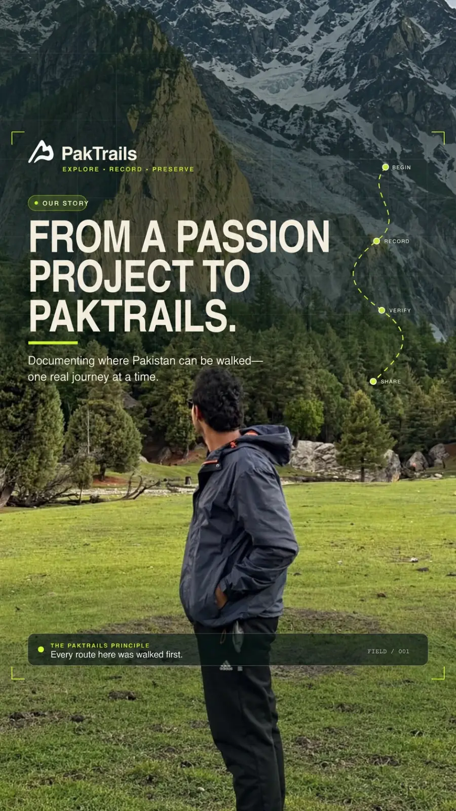 PakTrails field poster: a hiker in a green meadow looking up at a snow-covered Karakoram face, over the words “From a passion project to PakTrails - documenting where Pakistan can be walked, one real journey at a time.”