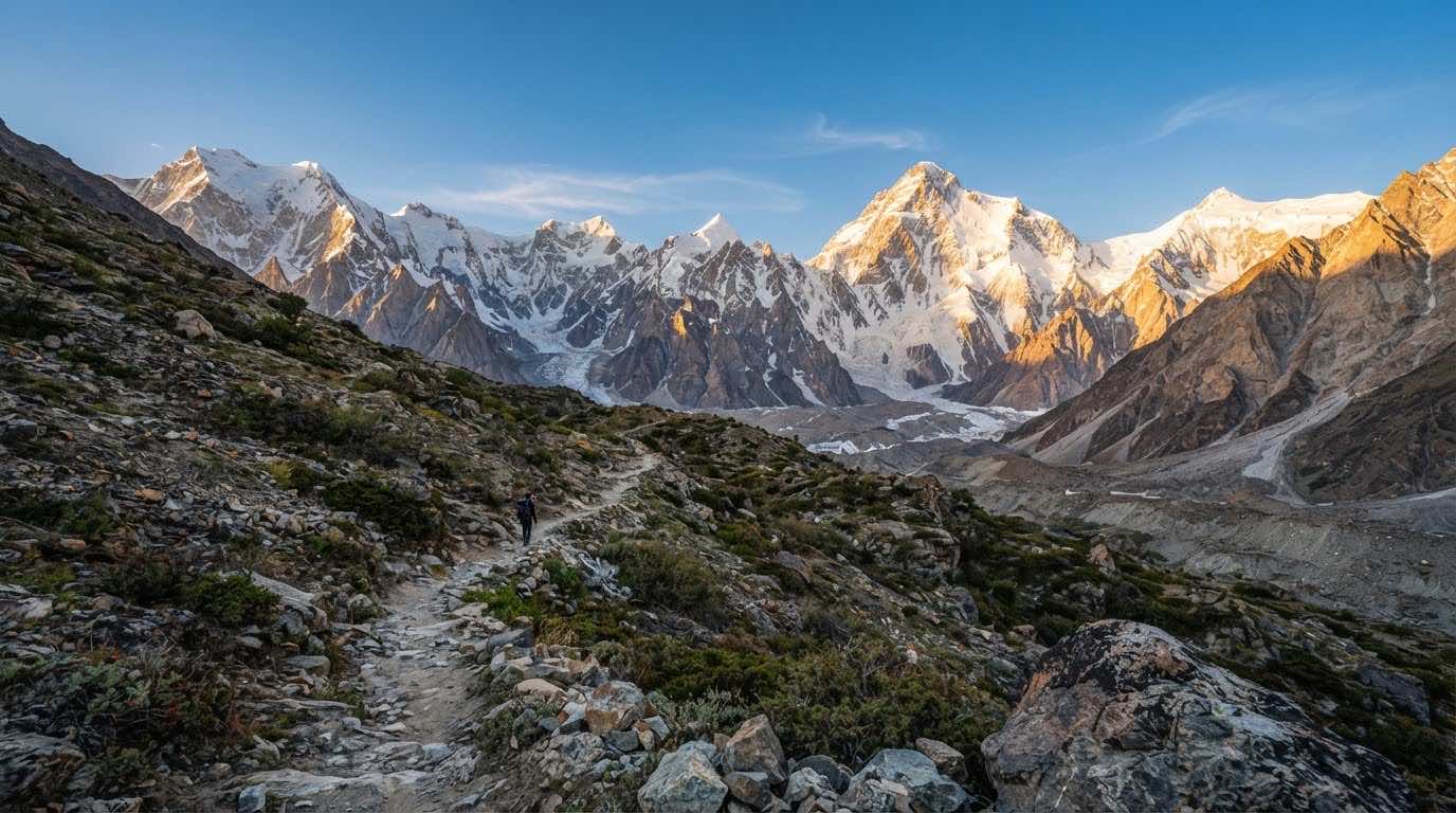 A hiker on the trail below the Karakoram peaks
