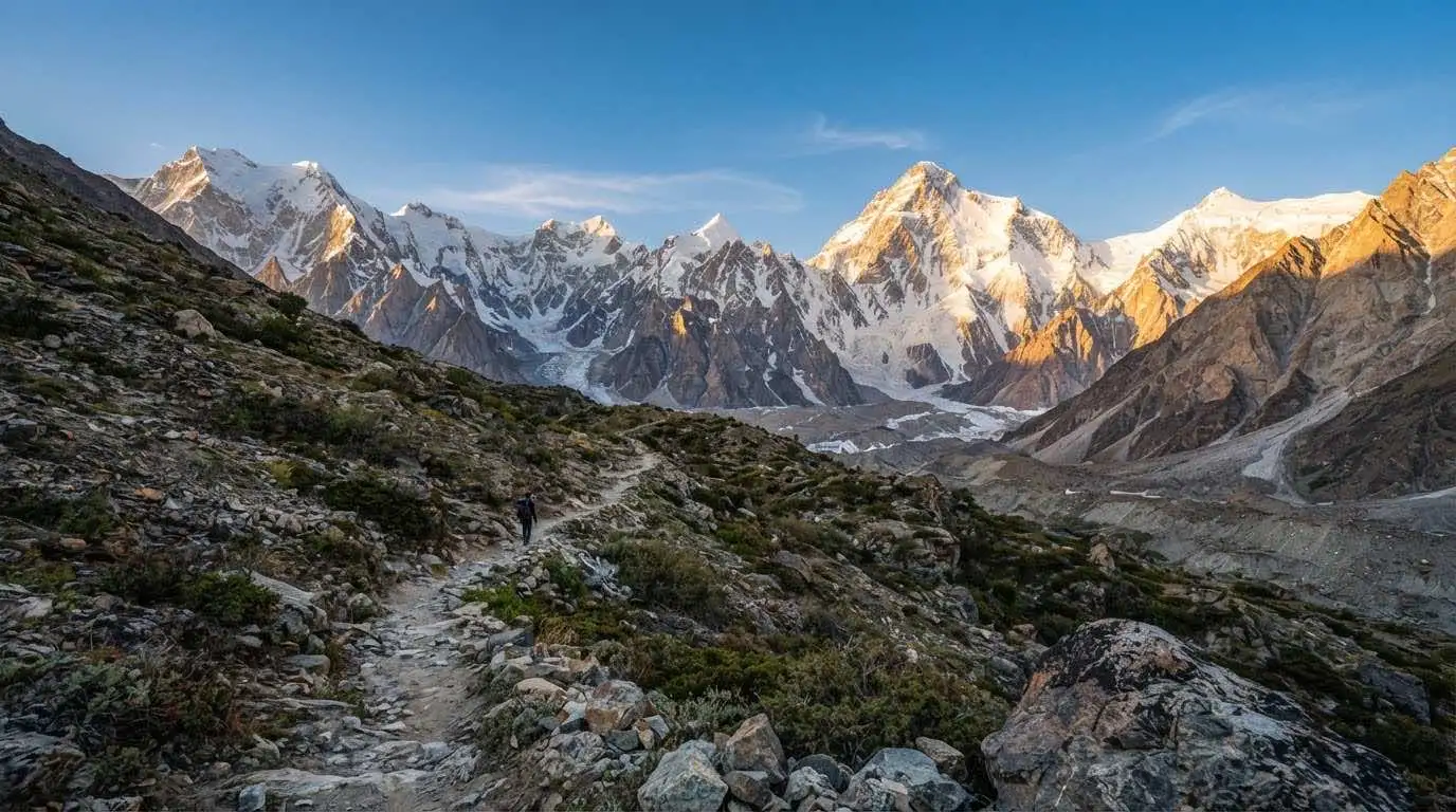 A hiker on the trail below the Karakoram peaks